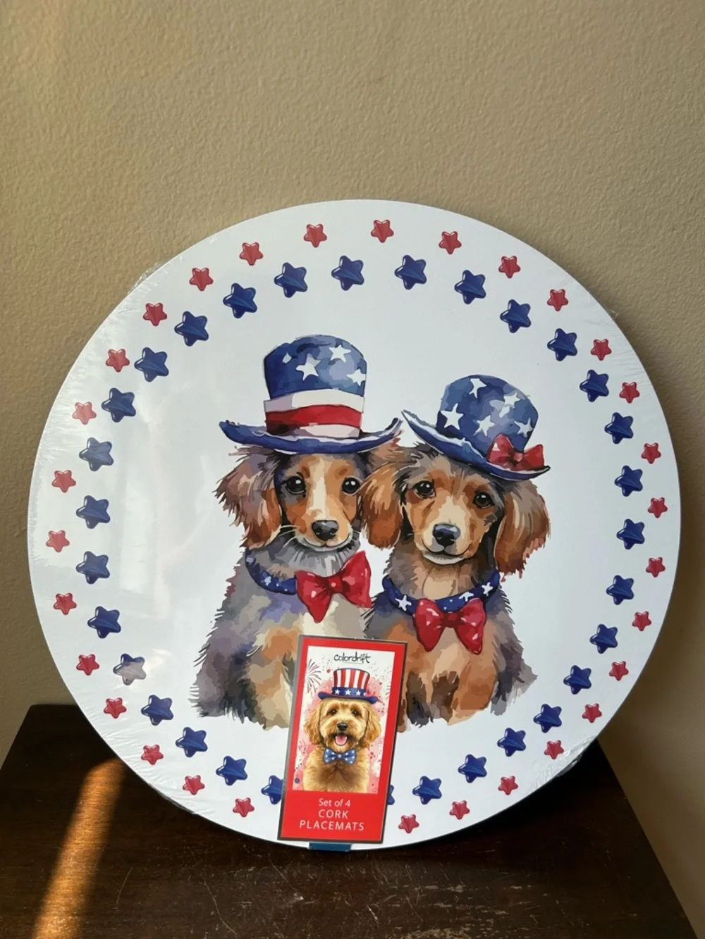 Colordrift Set of 4 Cork Placemats Americana Dogs Stars Stripes July 4th New